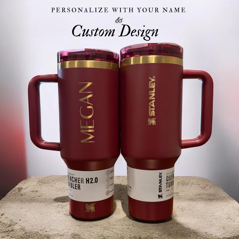Personalized Stanley 40oz tumbler with handle and flip straw lid featuring custom name and design laser engraved on insulated stainless steel cup, perfect gift for her or him, reusable travel drinkware for hot and cold beverages with durable finish and stylish look, custom engraved tumbler ideal for birthdays, holidays and special personalized gifting
