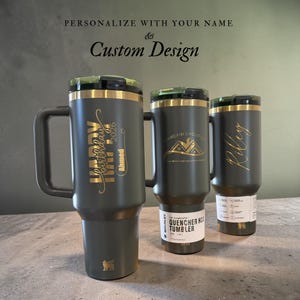 Personalized Stanley 40oz tumbler with handle and flip straw lid featuring custom name and design laser engraved on insulated stainless steel cup, perfect gift for her or him, reusable travel drinkware for hot and cold beverages with durable finish and stylish look, custom engraved tumbler ideal for birthdays, holidays and special personalized gifting