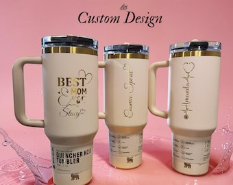 Copo Stanley de 1,18 L com nome e design personalizados gravados | Ideia de presente personalizada para mães, utensílio de bebida exclusivo e personalizado, copo com design exclusivo