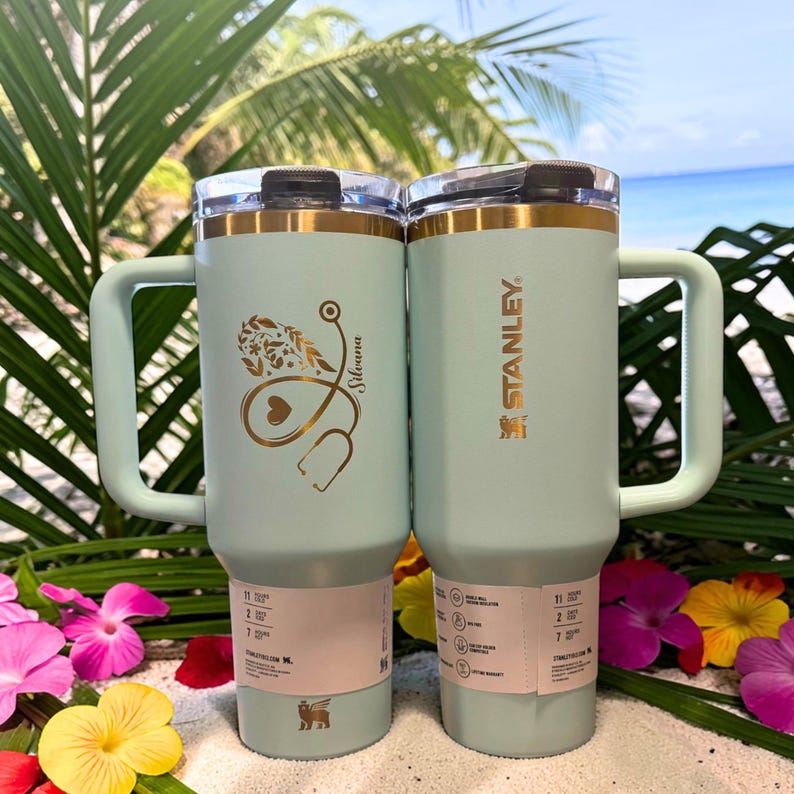Personalized Stanley 40oz tumbler with custom engraved design, logo, or artwork. Perfect for unique gifts, branding, personal artwork, or creative drinkware.