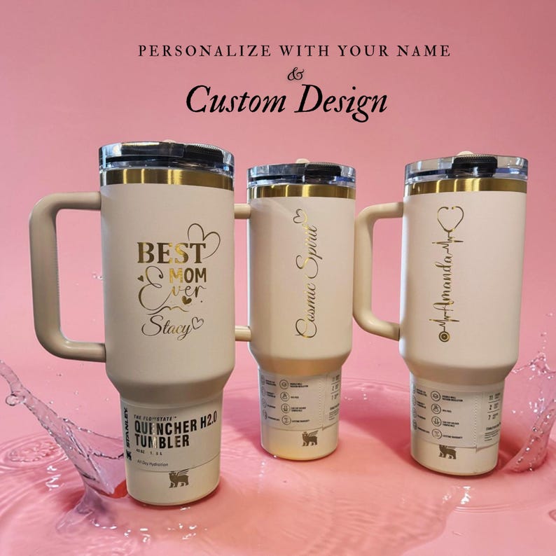 Personalized Stanley 40oz tumbler with custom engraved design, logo, or artwork. Perfect for unique gifts, branding, personal artwork, or creative drinkware.