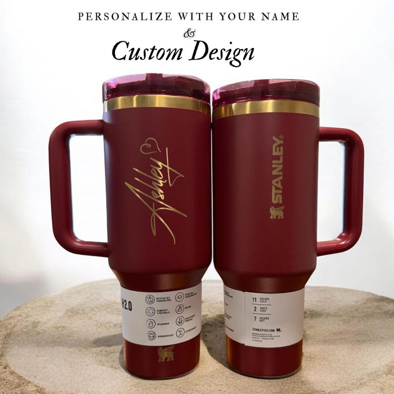 Personalized Stanley 40oz tumbler with handle and flip straw lid featuring custom name and design laser engraved on insulated stainless steel cup, perfect gift for her or him, reusable travel drinkware for hot and cold beverages with durable finish and stylish look, custom engraved tumbler ideal for birthdays, holidays and special personalized gifting