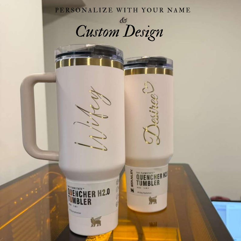 Personalized Stanley 40oz tumbler with custom engraved name, perfect gift for mom or women. Ideal for daily use and personalized gifting.