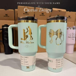 Personalized Stanley 40oz tumbler with custom engraved name, perfect gift for mom or women. Ideal for daily use and personalized gifting.