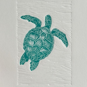 Green Sea Turtle Linocut embossed print: Handmade Wall Art, Limited Edition, Hawaiian beachy Ocean life decor for Turtle lovers