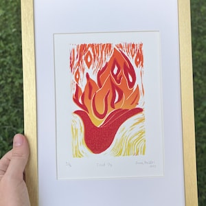 Fired Up linocut print: handmade art for wall decor, Limited edition reduction print, original fire art, hand signed