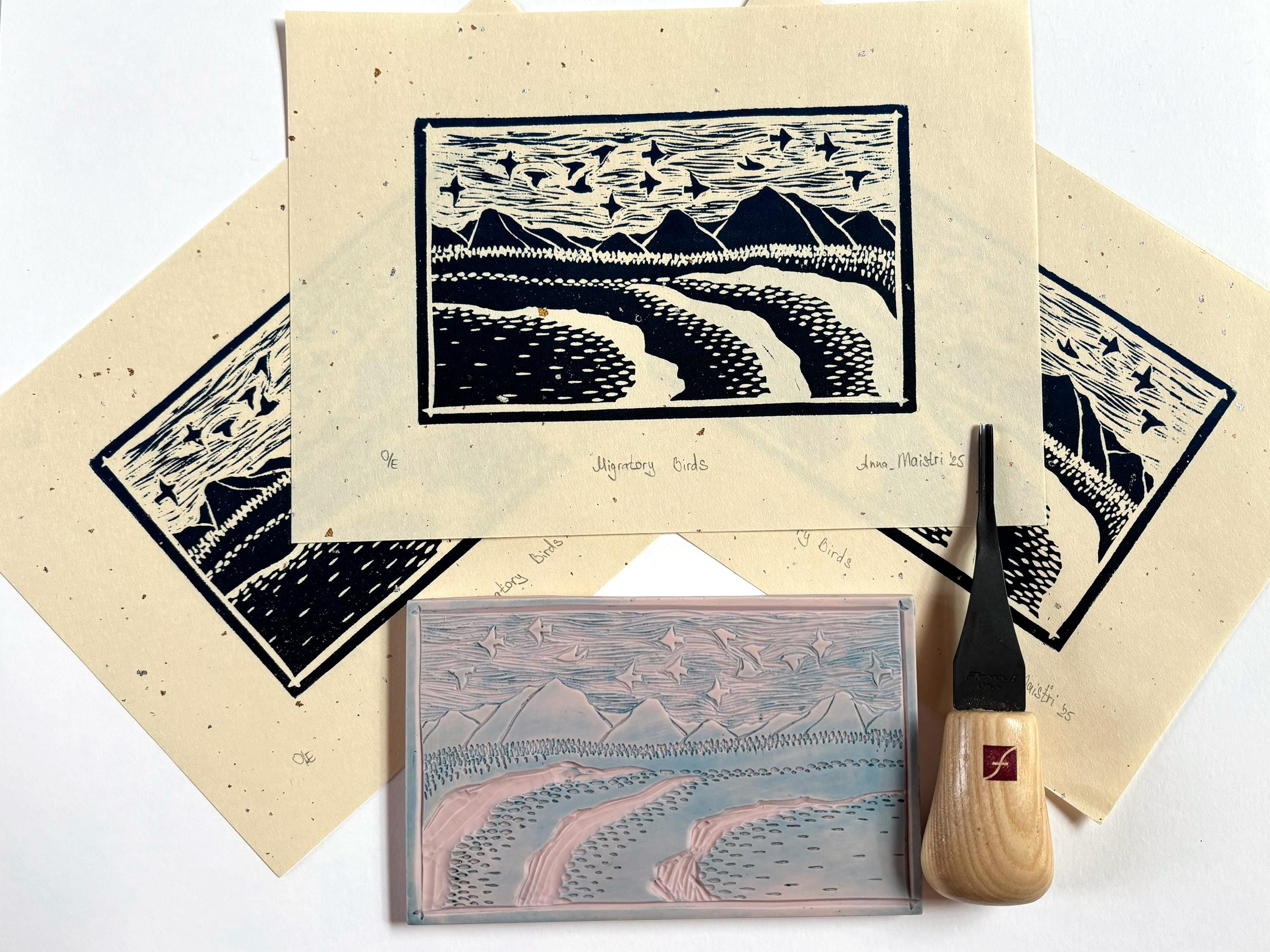 Migratory Birds Linocut Print: Original Handmade Moonlit Landscape - Night Sea and Mountains Art - Hand Printed on Japanese Washi Paper