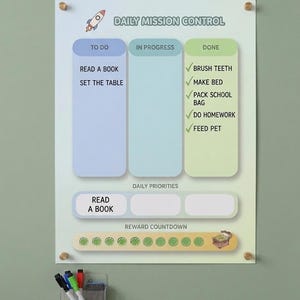 Könnte beinhalten: Eine transparente tägliche Missionskontrolltafel aus Acryl mit dem Text "DAILY MISSION CONTROL". Sie hat Abschnitte für "ZU TUN", "IN BEARBEITUNG" und "ERLEDIGT", mit aufgelisteten Aufgaben. Enthält einen Belohnungs-Countdown und eine Raketen-Grafik.
