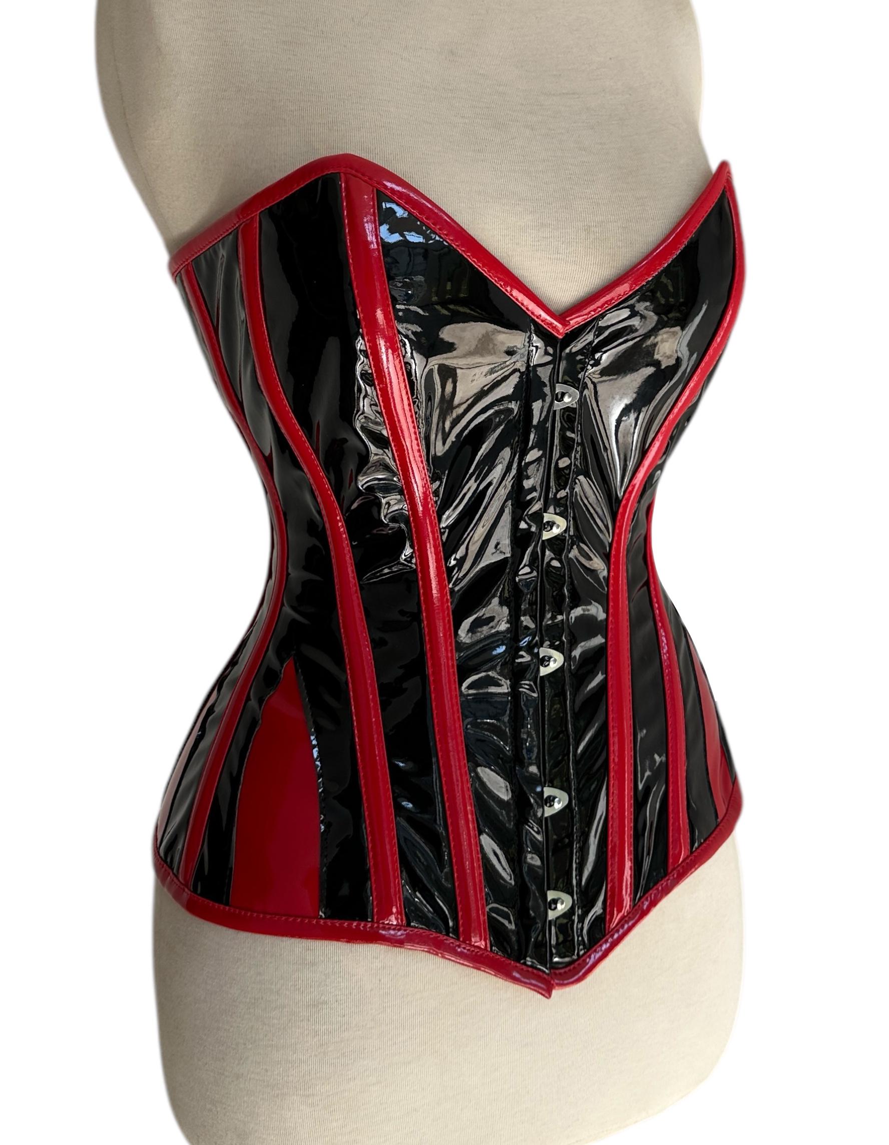 Corset overbust en PVC pour femmes, corset en PVC noir et rouge avec baleines robustes en acier
