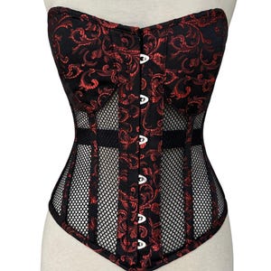 Heavy Duty Steel Boned Brocade Corset | Women&#39;s Overbust Waist Trainer Black Mesh Corset