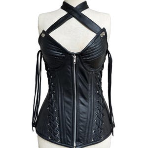 Heavy Duty Overbust Corset Steampunk Black Gothic Zip Leather Straps Corset Steel Boned Corset