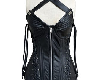 Corset overbust robuste steampunk gothique noir lanières de cuir zippées Corset Corset désossé en acier