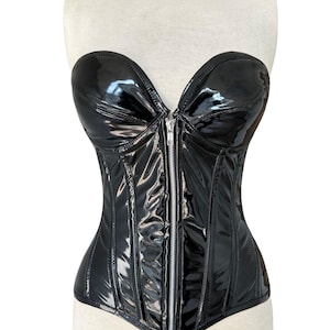 Heavy Duty Steel Boned Black Costume Corset | Women&#39;s Overbust Waist Trainer PVC Zipper Corset