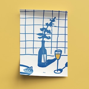 May include: A blue and white illustration of a still life scene. A bottle with a plant, a wine glass with yellow liquid, and a lemon slice are depicted. The background features a grid pattern. The artist's signature is at the bottom.