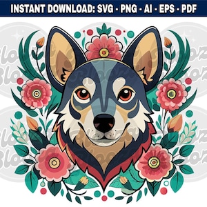 Swedish Vallhund Dog Head Floral Motif Instant Clipart Download Design SVG PNG EPS pdf