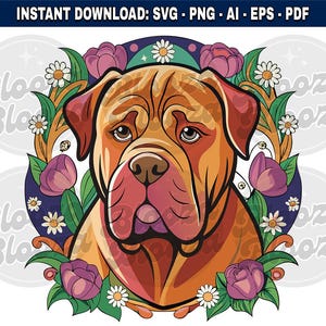 Bordeauxdog hond bloemmotief Instant clipart download ontwerp SVG PNG EPS pdf