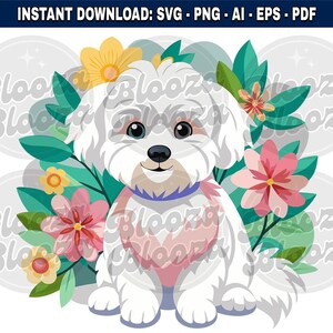 Bichon Frise Cane Motivo Floreale Dolce Clipart Istantaneo Scarica Design SVG PNG EPS pdf