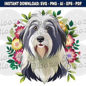 Bearded Collie Dog Floral Motif Instant Clipart Download Design SVG PNG EPS pdf