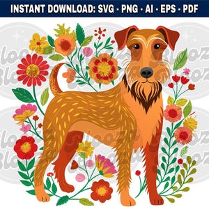 Irish Terrier Dog Floral Motif Instant Clipart Download Design SVG PNG EPS pdf