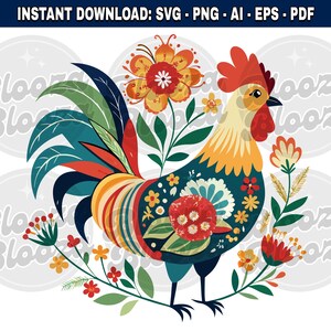 Hahn Huhn Floral Blumen Motiv Bunt Sofort Clipart Download Design SVG PNG EPS pdf