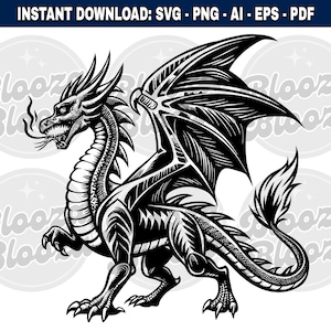 Drago sputafuoco dettagliato nero clipart istantaneo download design SVG PNG EPS pdf