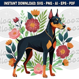 Motivo floral de perro Doberman Pinscher Descarga instantánea de imágenes prediseñadas Diseño SVG PNG EPS pdf