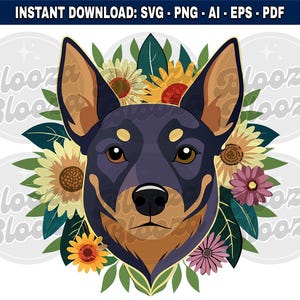 Lancashire Heeler Dog Head Floral Motif Instant Clipart Download Design SVG PNG EPS pdf