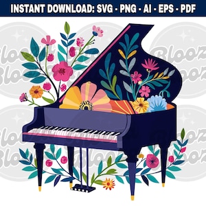 Imágenes prediseñadas instantáneas con motivos florales y músicos de piano de cola, diseño SVG, PNG, EPS y PDF