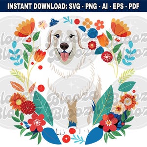Great Pyrenees Dog Floral Motif Instant Clipart Download Design SVG PNG EPS pdf
