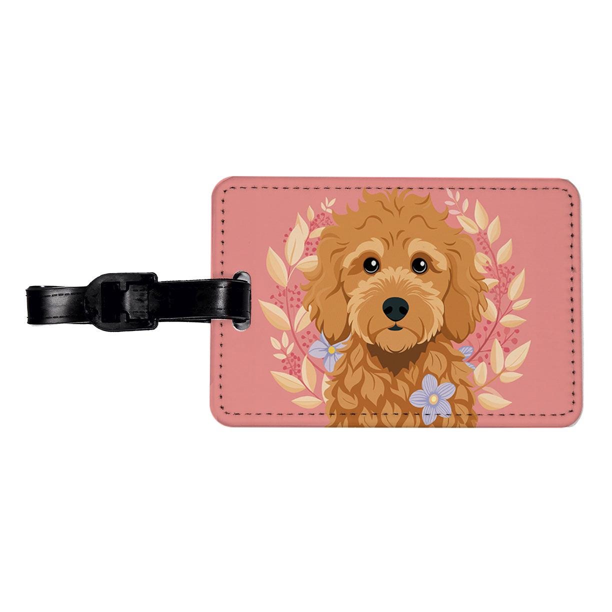 Golden Doodle Brown Head Floral Motif Pink Dog Travel Faux Leather Luggage Tag