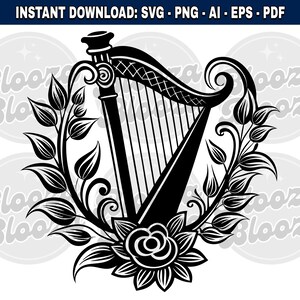 Harpmuziek muzikant bloemmotief zwart Instant clipart download ontwerp SVG PNG EPS pdf