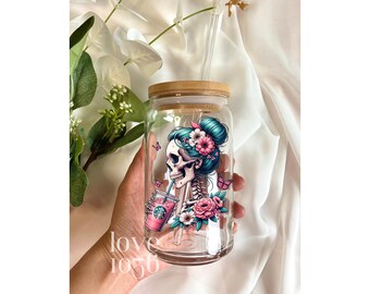 Floral Skeleton Drinking Coffee Glass Tumbler | Cute Coffee Lover Gift | Aesthetic Skeleton Glass Tumbler with Floral Design
