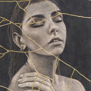 Art print painting “peace” manually finished with gold leaf