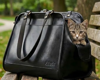 Natural Full-Grain Leather Dog Tote | Compact Foldable Pet Carrier | Stylish Cat Handbag | Luxury Pet Travel Gift
