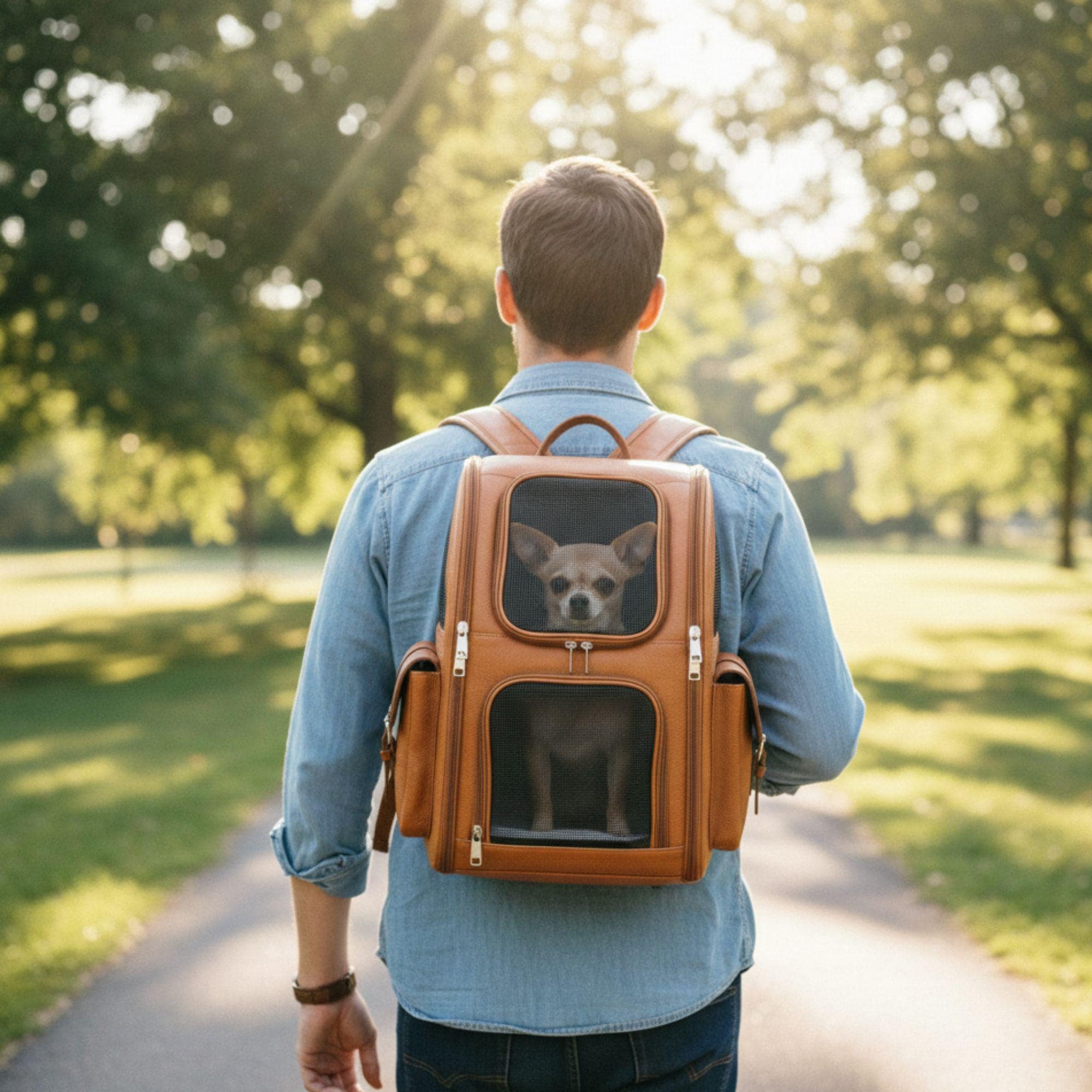 Tan Structured Carry Support Dog Backpack Carrier Genuine Leather Side Air Grommet Feline Backpack Secure Zip Pocket Pet Carrier