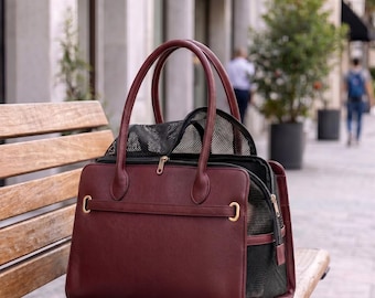 Luxury Burgundy Pet Tote | Leather Dog Carrier Purse | Designer Small Pet Bag