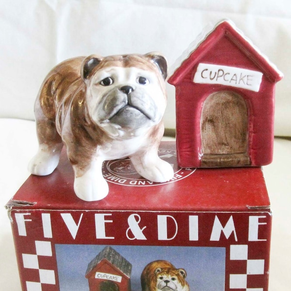 Our Vintage mint  Bulldog and Dog House ceramic salt and pepper shakers 3-1/2" tall - a pair - NOS Style #360