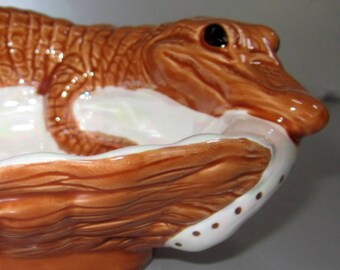 Jabonera/cenicero/bandeja para monedas de cerámica vintage con diseño de cocodrilo y caimán, 15 x 13 cm (6" x 5"), estilo japonés vintage n.° 432