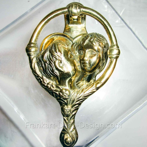 The Vintage Kissing Couple Solid Brass 4" Tall Door Knocker - by Sarsaparilla Deco Design and from the 1980's - Style #DK-1