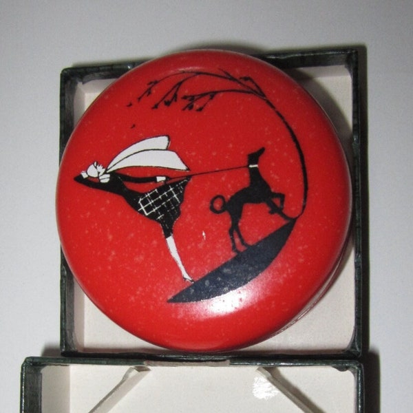 Vintage 1970s Bakelite Pill Box The Lady Walking the Dog by Sarsaparilla Deco Design in Cherry Red