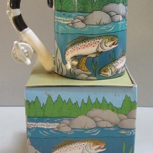 A Vintage Ceramic Trout with a Fishing Rod Coffee Mug  - 13 ounces - Style #4123