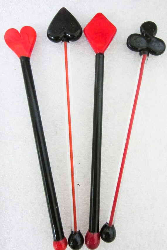 4 pcs of a PLAYING CARD SUITE lead crystal glass cocktail sticks stix drink 4 stirrers