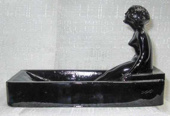 A Vintage Nude Nymph Deco Soap Dish Bather - Ash Tray - Jewel Keeper - Business Card Holder in Black Purple Amethyst Glass