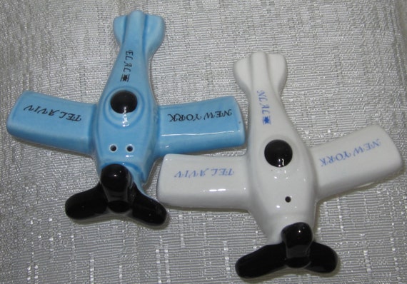 Vintage EL AL Airline Vintage Salt and Pepper Ceramic ~ NOS - New York to Tel Aviv, Israel, Airplanes