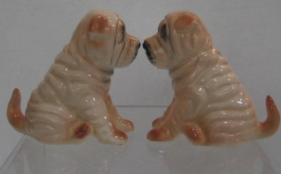 A Vintage Ceramic Shar-Pei Dog Salt & Pepper Shaker Pair from the 1986  3-1/2” Tall, Made in Japan by Sarsaparilla Deco Designs, Style #468