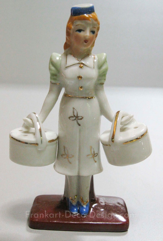 A Vintage Novelty Porcelain Hat Box Lady Salt & Pepper Shaker by Sarsaparilla Deco Designs, No: 924HB