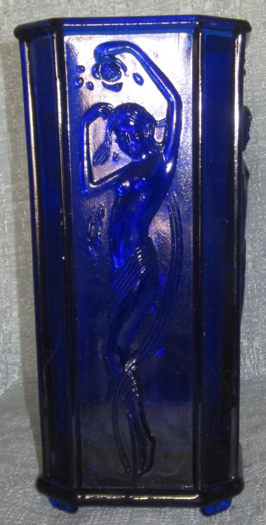 Vintage Translucent Glass Art Deco Vase With Four Nymphs in Cobalt Blue