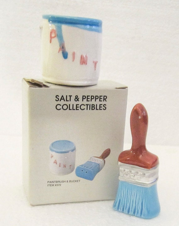 A Vintage Ceramic Paint Bucket and Painter's Brush ~ Salt and Pepper Shakers - 3" Tall ~ Style #372