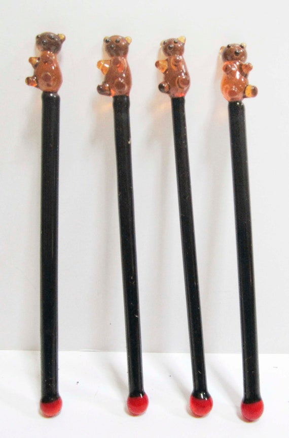 A Vintage 4 pcs of Winnie the Teddy Bear lead crystal glass cocktail swizzle sticks stix drink stirrers
