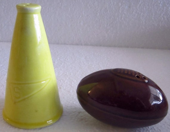 A Vintage Ceramic 3-1/2" Megaphone and  Football Salt & Pepper Shaker Set from 1981, Style: #905